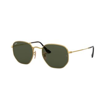 Ray-Ban Hexagonal Flat Sunglasses in Gold with Non Polarized Green Solid Lenses