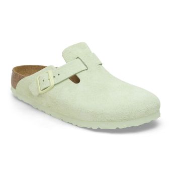 Birkenstock Boston Soft Footbed Suede Leather Narrow in Faded Lime