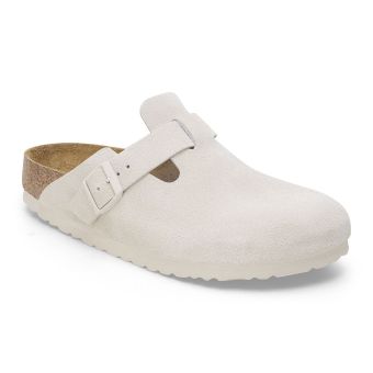 Birkenstock Boston Soft Footbed Suede Leather Narrow in Antique White