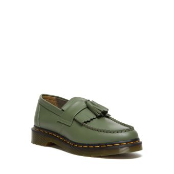 Dr. Martens Adrian Yellow Stitch Leather Tassel Loafers in Khaki Green Smooth
