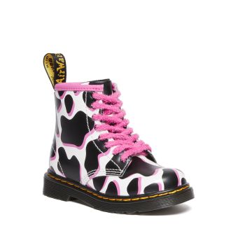 Dr. Martens Toddler 1460 Cow Print Patent Leather Lace Up Boots in White
