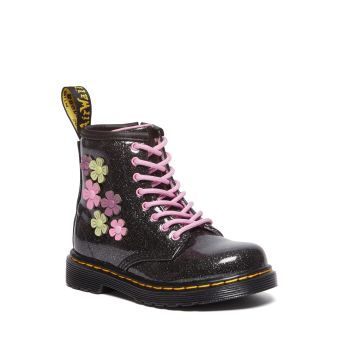 Dr. Martens Toddler 1460 Glitter & Flower Applique Lace Up Boots in Black/Multi