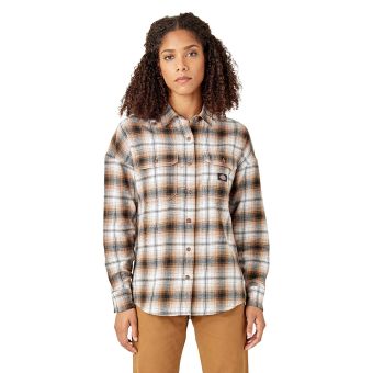 Dickies Women's Long Sleeve Flannel Shirt in Brown Duck/Black Ombre Plaid