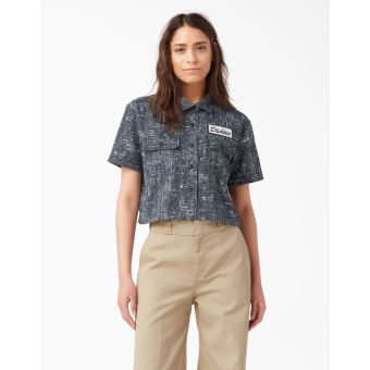 Dickies Women's Cropped Short Sleeve Work Shirt in Rinsed Navy Crosshatch
