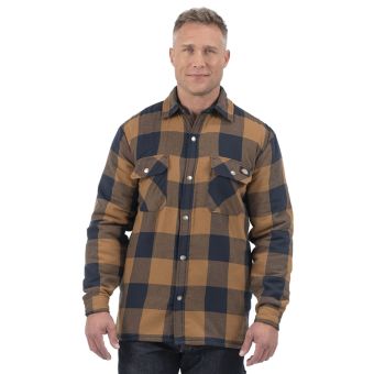 Dickies Hydroshield Flannel High Pile Fleece Shirt Jacket in Brown Duck/Navy Buffalo Plaid
