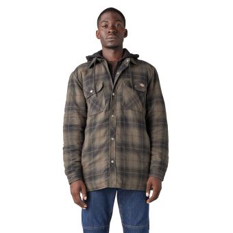 Dickies Water Repellent Flannel Hooded Shirt Jacket in Moss/Chocolate Ombre Plaid