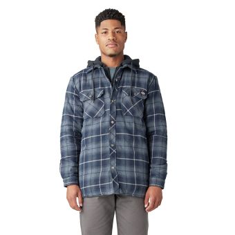 Dickies Water Repellent Flannel Hooded Shirt Jacket in Navy Storm Ombre Plaid