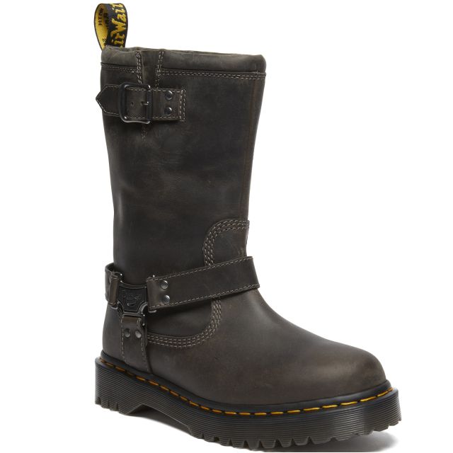 Dr. Martens Anistone Tall Leather Biker Boots in Charcoal Grey