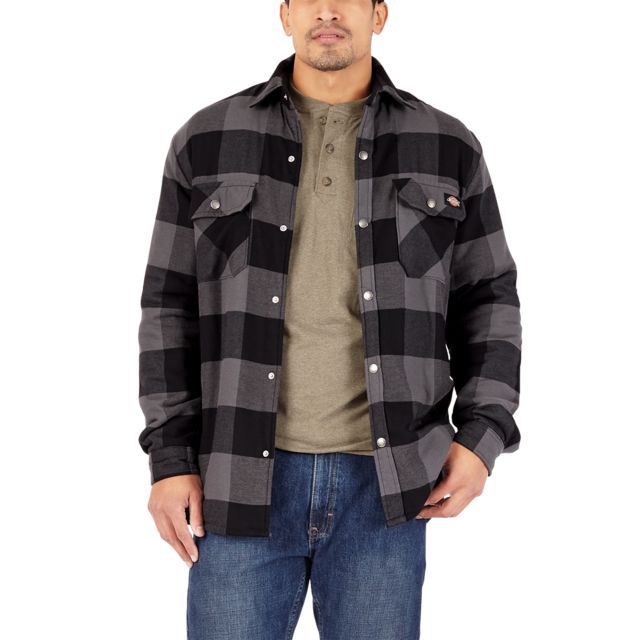 Dickies Men's Lined Flannel Shirt Jacket with Hydroshield in Black Dark Slate Buffalo Plaid